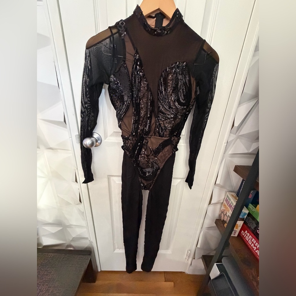 Black Sequin Mesh Long-Sleeve Jumpsuit dance costume